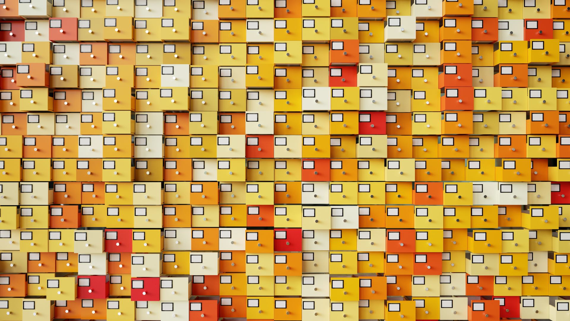 centenas de gavetas de arquivo a amarelo, laranja e vermelho, cada uma com uma etiqueta em branco